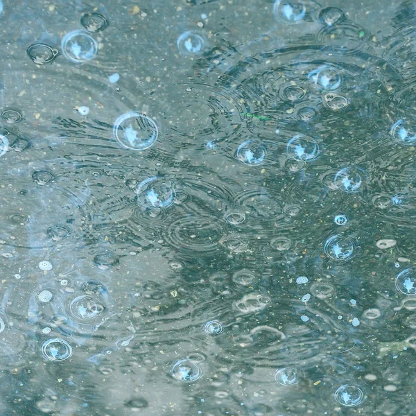 Charco Fondo Azul Lluvia Gotas Lluvia Círculos Charco Burbujas Agua —  Fotos de Stock