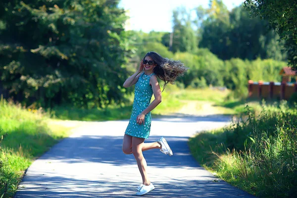 Playful Adult Young Girl Summer Swirls Jumping Cheerful Beautiful Model — Stock Photo, Image