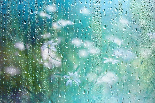 Estate Pioggia Bagnato Vetro Astratto Sfondo Paesaggio Una Giornata Pioggia — Foto Stock