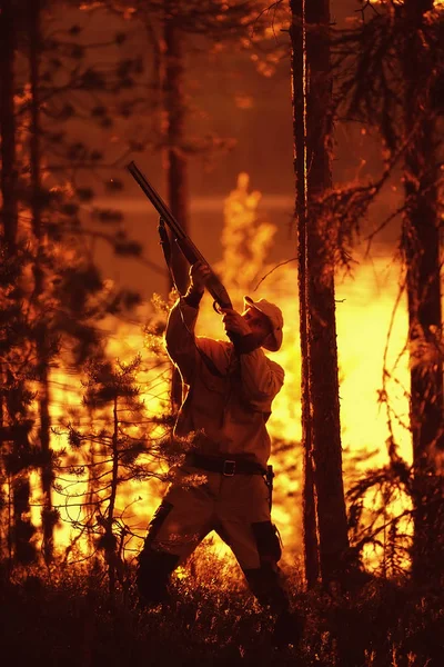 Homem Vai Caçar Floresta Verão Paisagem Floresta Caçador Com Uma — Fotografia de Stock