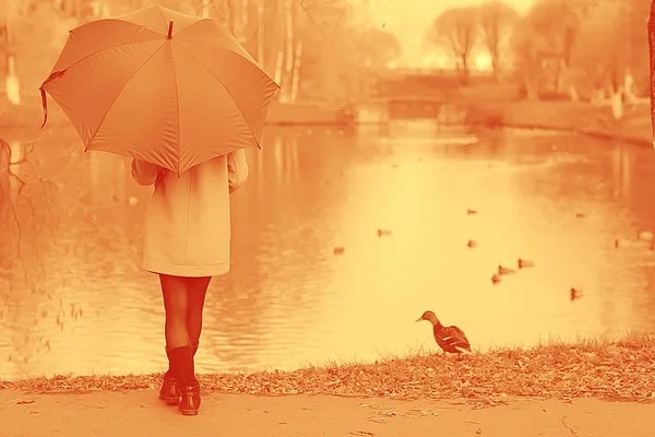 Esernyő Őszi Október Városi Parkban Táj Egy Lány Egy Esernyő — Stock Fotó