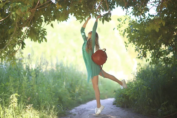 Playful Adult Young Girl Summer Swirls Jumping Cheerful Beautiful Model — Stock Photo, Image