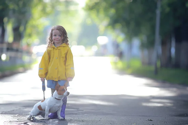 黄色いレインコートを着た少女 秋の服を着た子供の肖像画 雨の中を散歩 — ストック写真