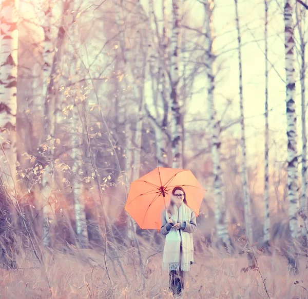 Молодая Женщина Зонтик Осенне Осенний Модный Вид Модель Зонтиком Дождливая — стоковое фото