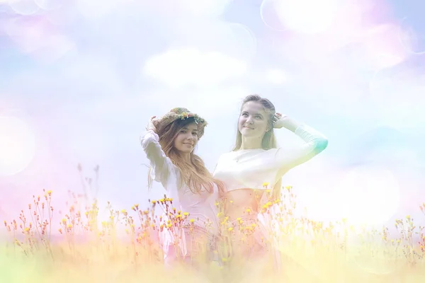 Twee Vriendinnen Een Herfst Veld Geluk Twee Jonge Vrouwen Knuffelen — Stockfoto