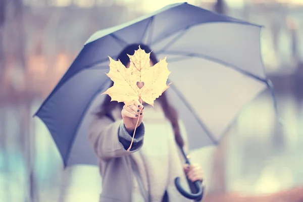 Herbstblatt Geschenk Ahorn Gelb Herz Aus Blatt Konzept Herbstlook Liebe — Stockfoto