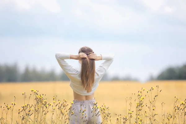 小さな風景 大人の若い女の子の肖像画 夏の外観 自然と秋のフィールドで幸せな女の子 — ストック写真