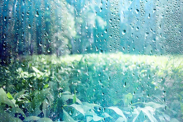 Summer Rain Wet Glass Abstract Background Landscape Rainy Day Window — Stock Photo, Image