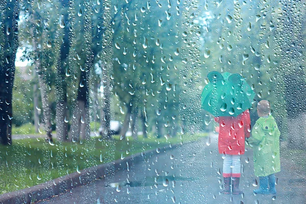 Діти Бігають Плащах Літньому Парку Дощ Ходять Брат Сестра Хлопчик — стокове фото