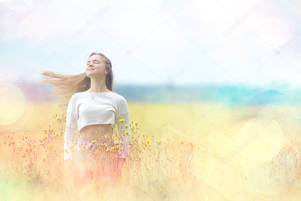 happy girl in autumn field with spikelets landscape / adult young girl portrait, summer look, nature