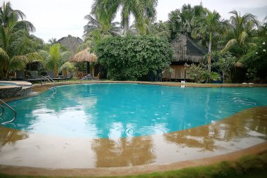 otel şezlong havuzu / tropikal otelde dinlenme, rahat dinlenme, rekreasyon