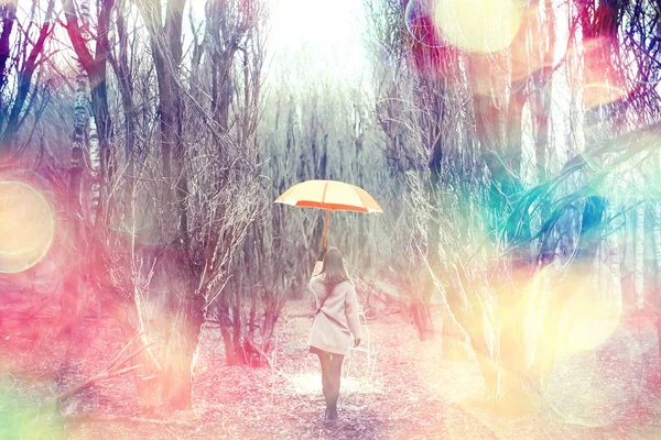 Menina Guarda Chuva Floresta Paisagem Outono Vista Jovem Mulher Com — Fotografia de Stock