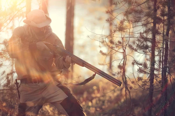 hunting man / hunter with a gun hunting in the autumn forest, yellow trees landscape in the taiga