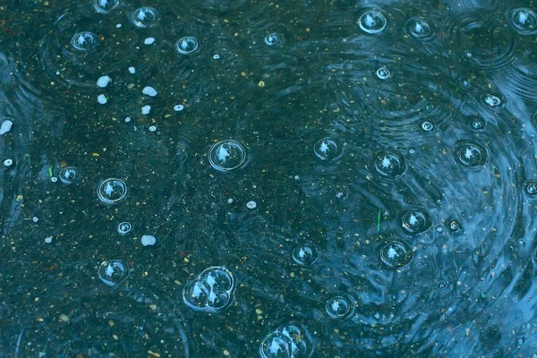 Fundo Azul Poça Chuva Gotas Chuva Círculos Uma Poça Bolhas — Fotografia de Stock