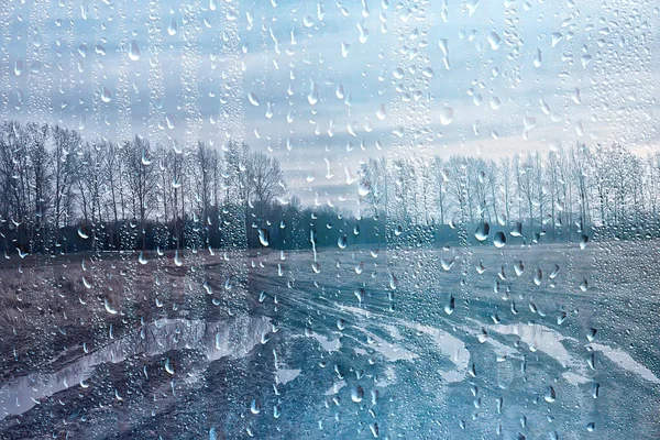 Gotas Lluvia Sobre Vidrio Vista Través Ventana Paisaje Bosque Otoño —  Fotos de Stock