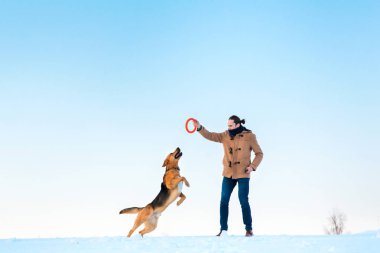 Adam kış manzara büyük karışık cins köpek ile oynuyor.