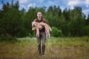 Bir Shar pei cins köpek ve bir çayırda bir yürüyüş bir adam Portresi