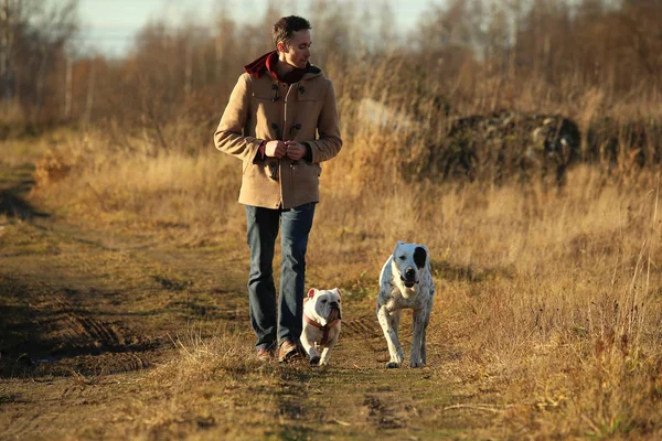 Young happy european smiling and laughing walking in a field with two dogs — Stock Photo, Image