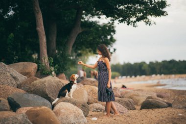 Mutlu kadın köpeğini Sahilde yürürken sarılma 20s görüntüsünü