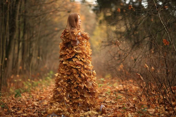 Modelo de outono de moda, vestido das folhas da queda, menina da beleza — Fotografia de Stock