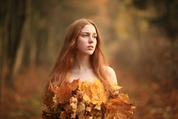 Modèle Automne Mode, Robe Feuilles d'Automne, Fille Beauté — Photo