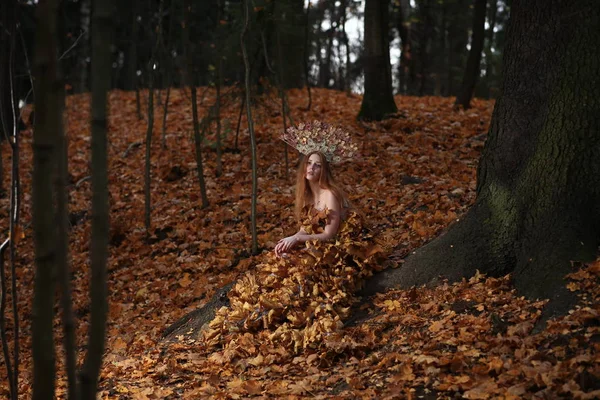 Modelo de otoño de moda, vestido de hojas de otoño, chica de belleza — Foto de Stock