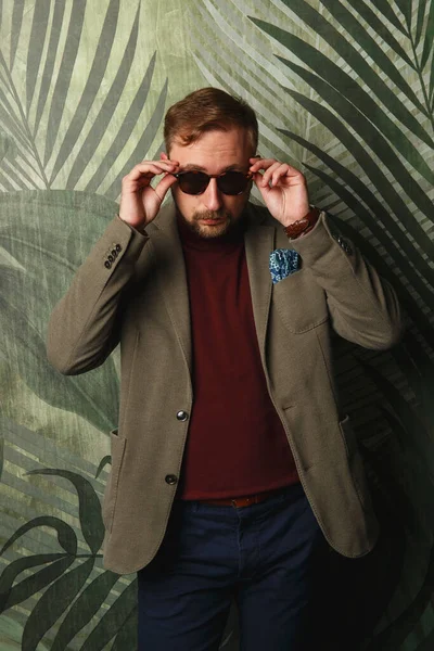 Portrait Young Beautiful Fashionable Man Sunglasses Olive Jacket Blaizer Blue — Stock Photo, Image