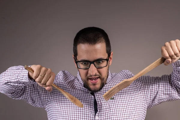 Menino Com Talheres Madeira Ansioso Para Comer — Fotografia de Stock