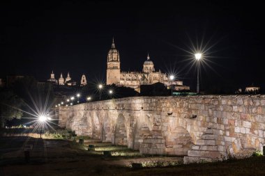 Güzel manzara katedralin Salamanca ve Roma Köprüsü, Castilla y Leon, İspanya
