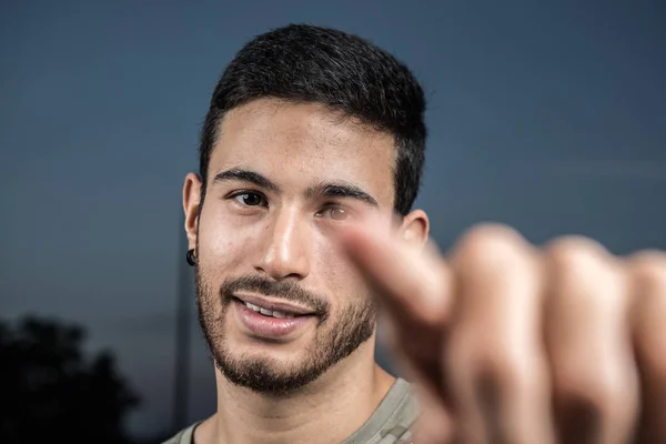 Young Man Pointing Finger Smile — Stock Photo, Image