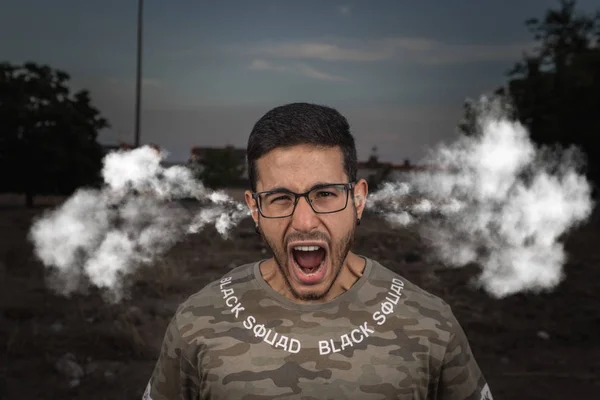 Young Man Screaming Euphoria Energy Enthusiasm Smoke Coming Out — Stock Photo, Image