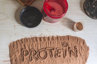 Kaşık dolusu peynir altı suyu proteini, protein kelimesi yazılı. Spor Beslenme.