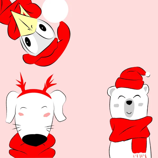 Ilustração Animais Com Boné Natal — Fotografia de Stock