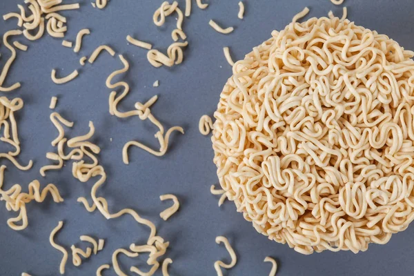 Close up Raw Instant noodles isolated on a gray plate.
