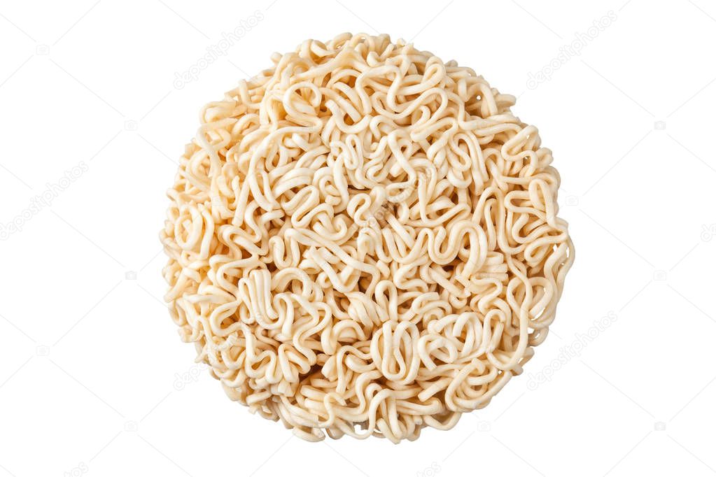 Close up Raw Instant noodles isolated on white background on top