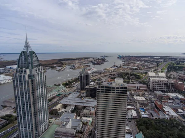 Vista Aérea Downtown Mobile Horizonte Ribeirinha Alabama Paisagem Urbana Fevereiro — Fotografia de Stock