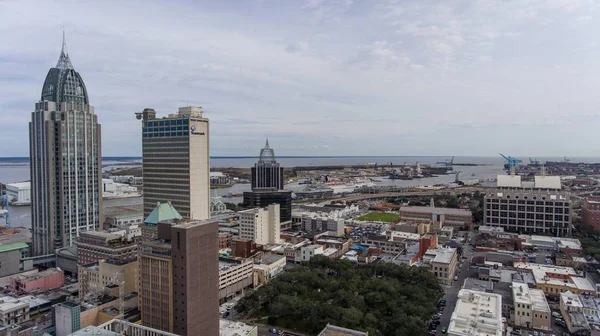 Vista Aérea Downtown Mobile Horizonte Ribeirinha Alabama Paisagem Urbana Fevereiro — Fotografia de Stock