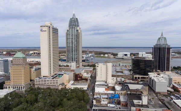 Vista Aérea Downtown Mobile Horizonte Ribeirinha Alabama Paisagem Urbana Fevereiro — Fotografia de Stock