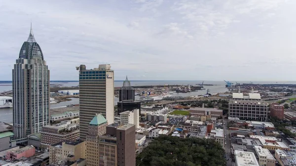 Vista Aérea Downtown Mobile Horizonte Ribeirinha Alabama Paisagem Urbana Fevereiro — Fotografia de Stock