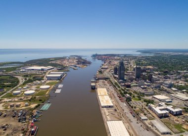 Aerial view of downtown Mobile, Alabama riverside in April 2019 clipart