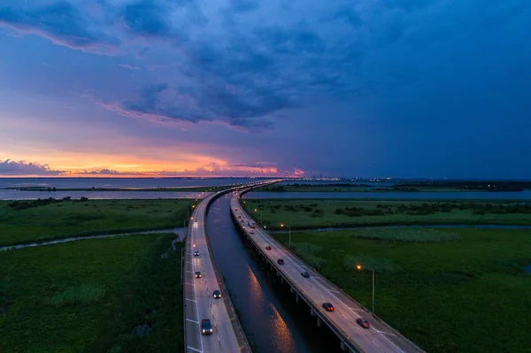 Aerial View Mobile Bay Interstate Bridge Sunset Daphne Alabama — Stock Photo, Image