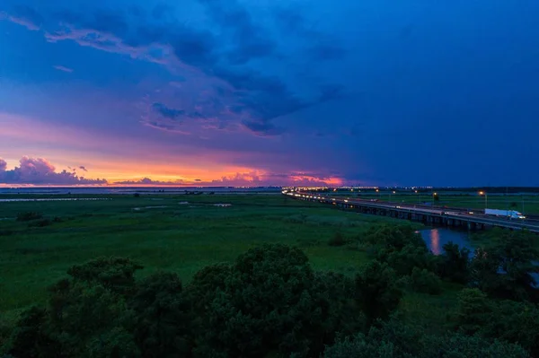 Vista Aérea Mobile Bay Puente Interestatal Atardecer Desde Daphne Alabama — Foto de Stock