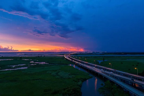 Вид Повітря Мобільної Бухти Міждержавний Міст Захід Сонця Дафна Штат — стокове фото