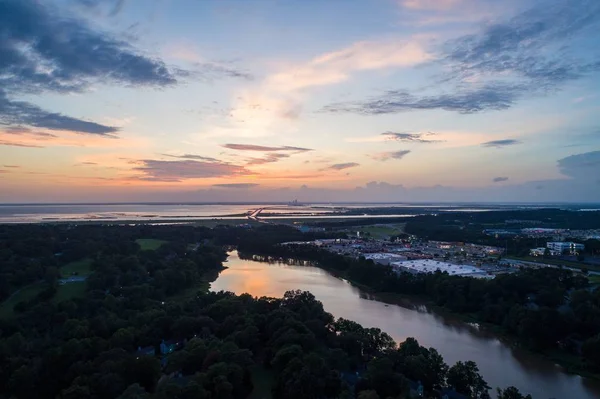 Widok Lotu Ptaka Jezioro Las Daphne Alabama Zachodzie Słońca — Zdjęcie stockowe