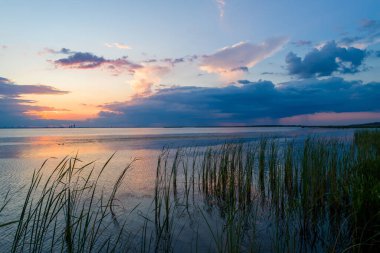 Mobile Körfezi 'nin doğu kıyısında Alabama Körfezi kıyısı günbatımı 