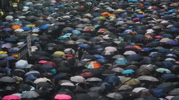 Гонконг, Китай - август 2019 года: взгляд сверху на Азию Деловые люди толпы женщин и азиатских мужчин протестуют с зонтиком . — стоковое видео