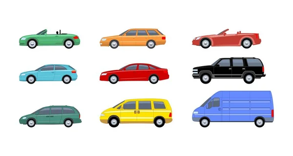 Flat Cars Set Taxi Minivan Cabriolet Pickup Bus Suv Truck — Stock Vector