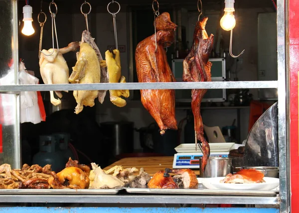 Cooked Appetizing Carcass Roast Duck Boiled Duck Hanging Steel Hooks — Stock Photo, Image