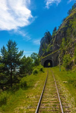 Eski taş dağ çevre-baykal demiryolu kayada tünelde arch. Bir yaz manzara Sibirya seyahat için arka plan. Trenin hareketinden bulanık ön plan