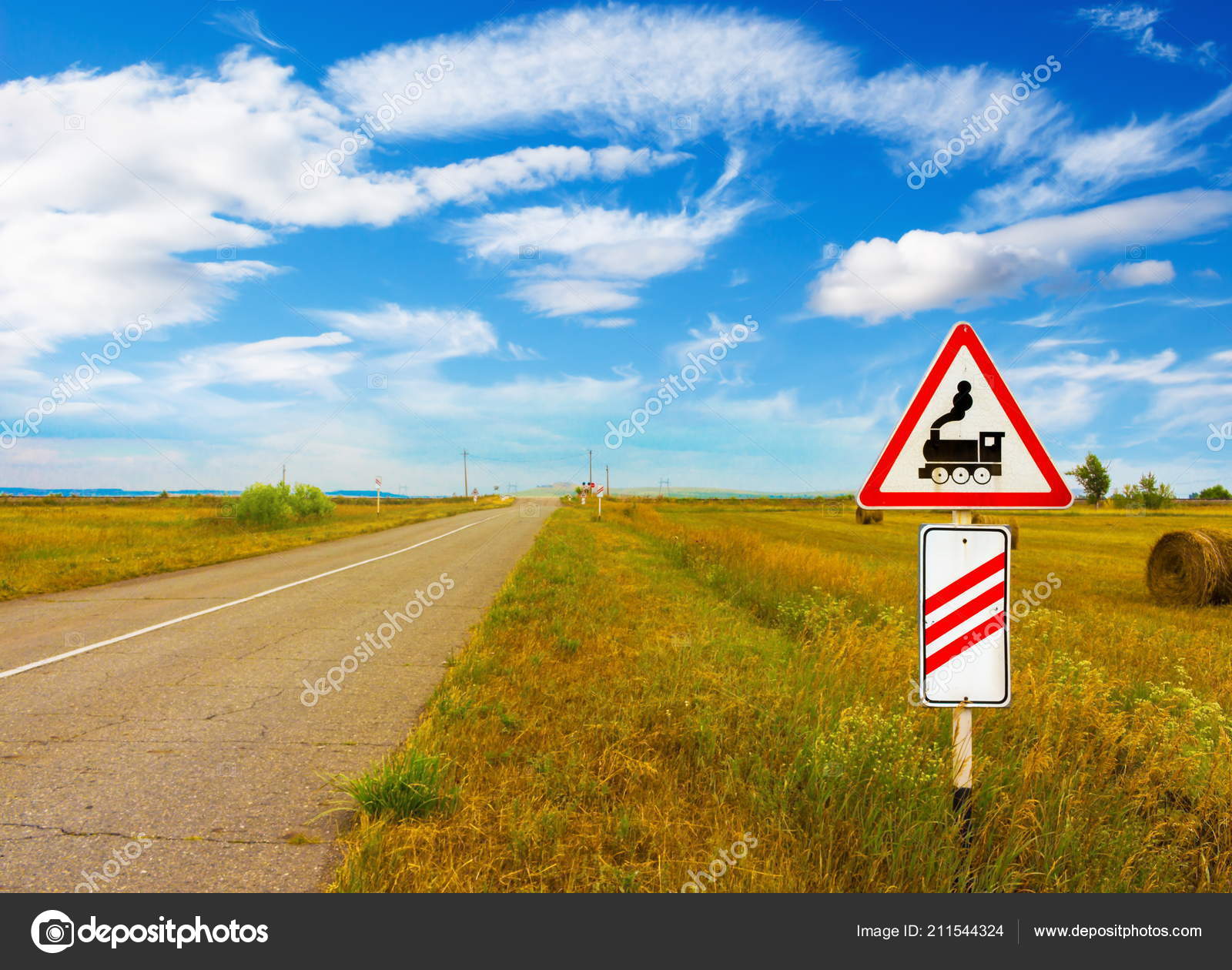 Railroad Level Crossing Sign Roadside Empty Road Summer Steppe Khakassia Stock Photo Image By C Al Geba
